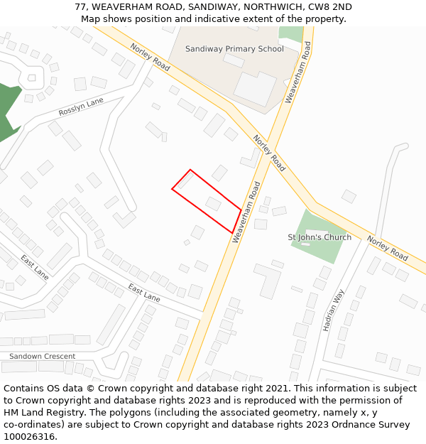 77, WEAVERHAM ROAD, SANDIWAY, NORTHWICH, CW8 2ND: Location map and indicative extent of plot