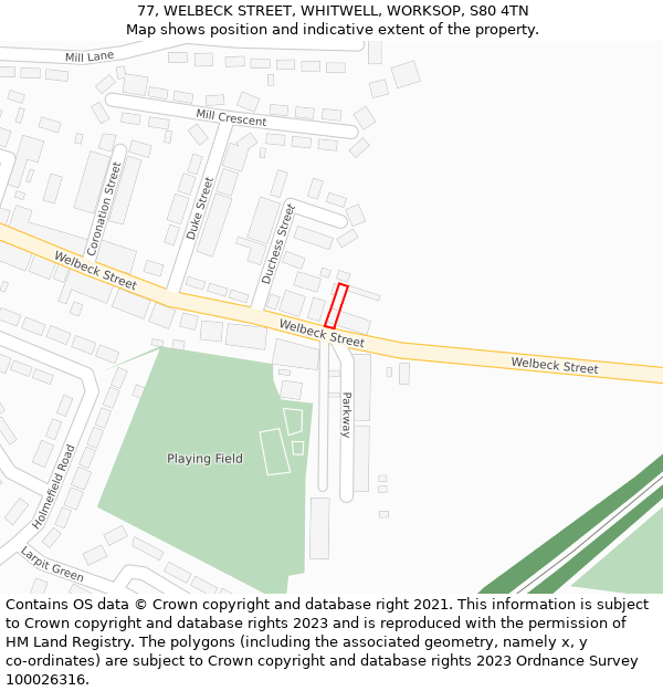 77, WELBECK STREET, WHITWELL, WORKSOP, S80 4TN: Location map and indicative extent of plot