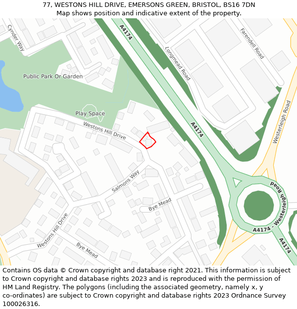 77, WESTONS HILL DRIVE, EMERSONS GREEN, BRISTOL, BS16 7DN: Location map and indicative extent of plot