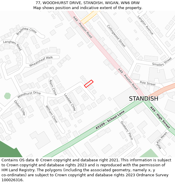 77, WOODHURST DRIVE, STANDISH, WIGAN, WN6 0RW: Location map and indicative extent of plot