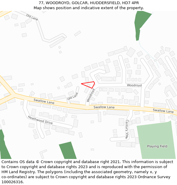 77, WOODROYD, GOLCAR, HUDDERSFIELD, HD7 4PR: Location map and indicative extent of plot