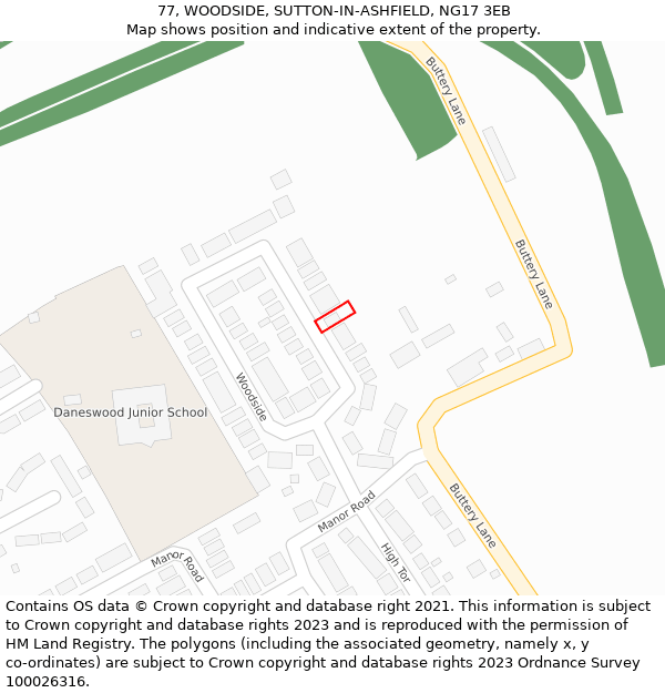 77, WOODSIDE, SUTTON-IN-ASHFIELD, NG17 3EB: Location map and indicative extent of plot