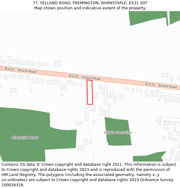 77, YELLAND ROAD, FREMINGTON, BARNSTAPLE, EX31 3DT: Location map and indicative extent of plot