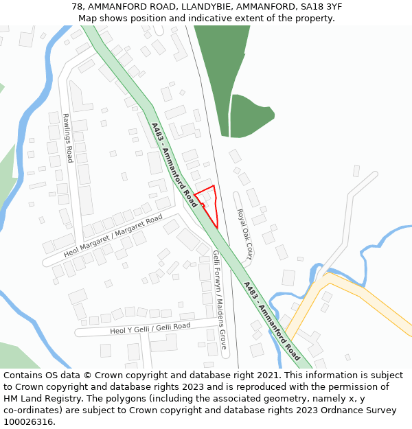 78, AMMANFORD ROAD, LLANDYBIE, AMMANFORD, SA18 3YF: Location map and indicative extent of plot