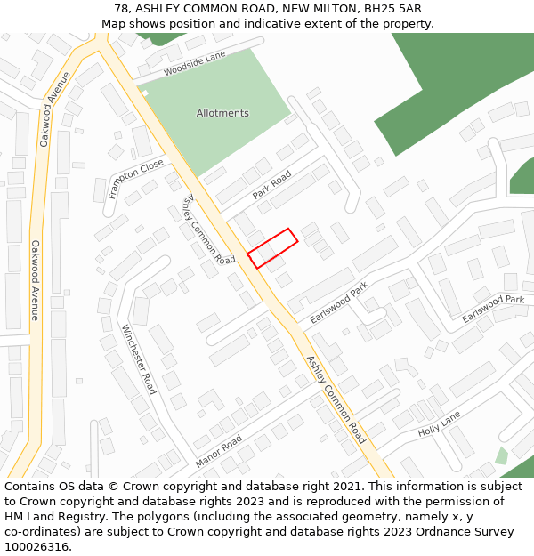 78, ASHLEY COMMON ROAD, NEW MILTON, BH25 5AR: Location map and indicative extent of plot