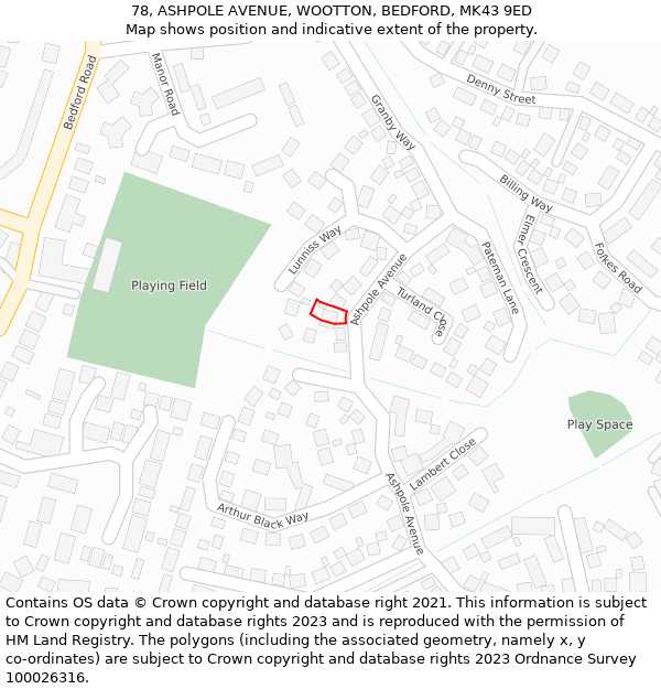 78, ASHPOLE AVENUE, WOOTTON, BEDFORD, MK43 9ED: Location map and indicative extent of plot