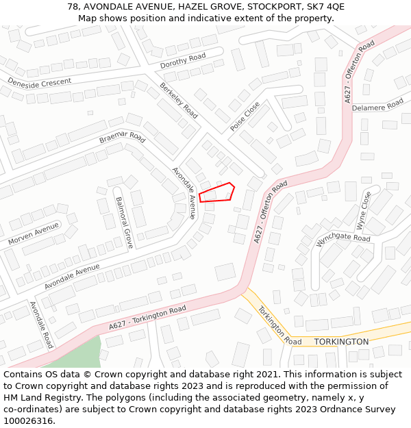 78, AVONDALE AVENUE, HAZEL GROVE, STOCKPORT, SK7 4QE: Location map and indicative extent of plot