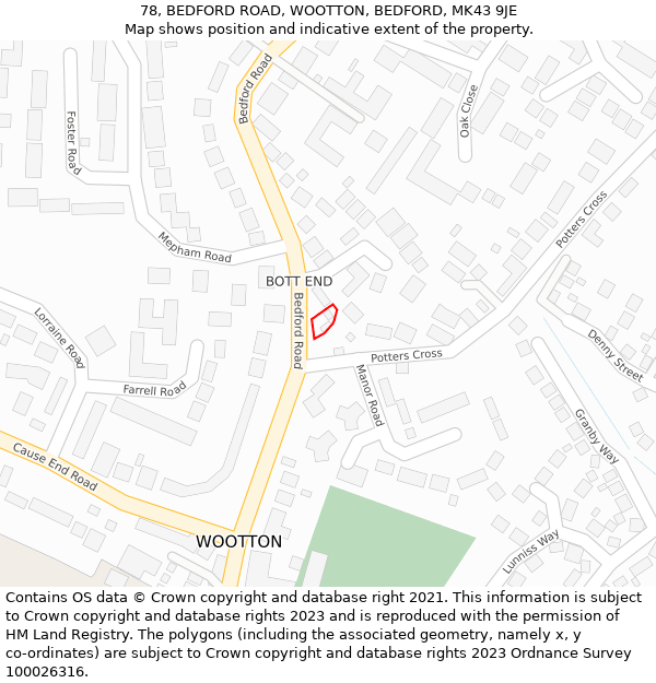 78, BEDFORD ROAD, WOOTTON, BEDFORD, MK43 9JE: Location map and indicative extent of plot