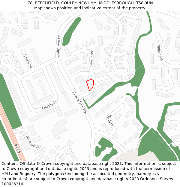 78, BEECHFIELD, COULBY NEWHAM, MIDDLESBROUGH, TS8 0UN: Location map and indicative extent of plot