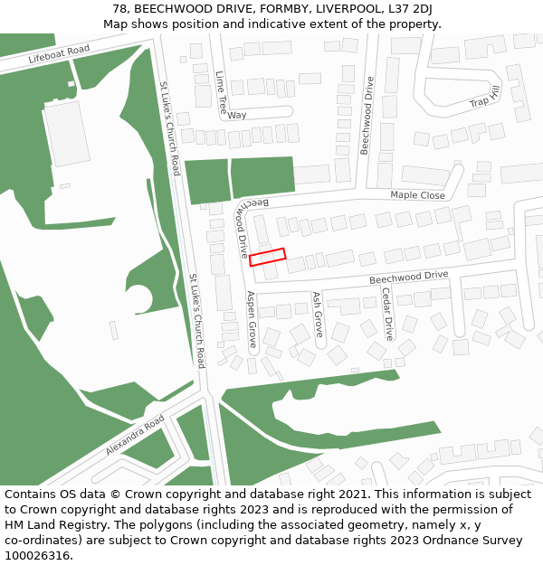 78, BEECHWOOD DRIVE, FORMBY, LIVERPOOL, L37 2DJ: Location map and indicative extent of plot