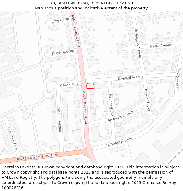 78, BISPHAM ROAD, BLACKPOOL, FY2 0NR: Location map and indicative extent of plot