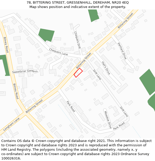 78, BITTERING STREET, GRESSENHALL, DEREHAM, NR20 4EQ: Location map and indicative extent of plot