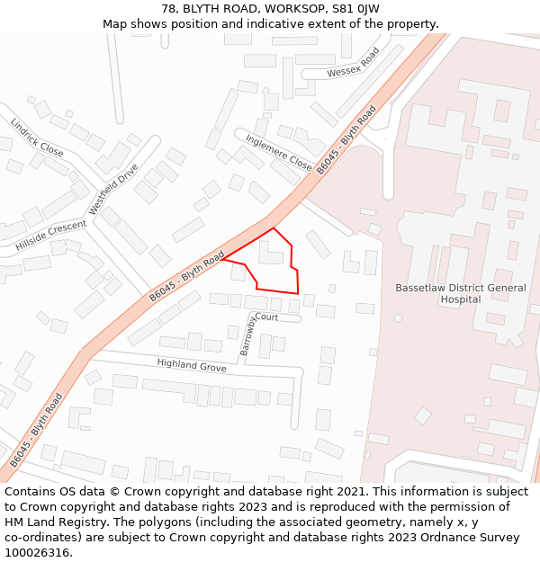 78, BLYTH ROAD, WORKSOP, S81 0JW: Location map and indicative extent of plot