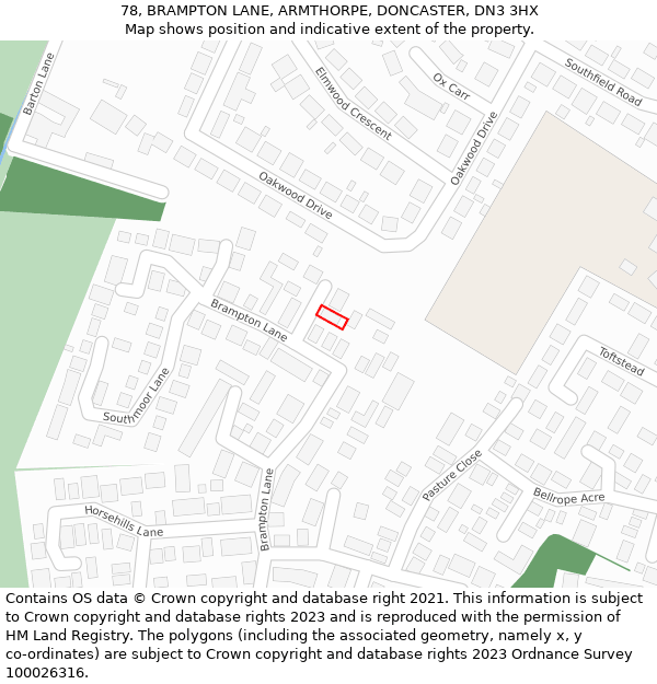78, BRAMPTON LANE, ARMTHORPE, DONCASTER, DN3 3HX: Location map and indicative extent of plot