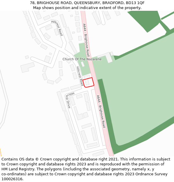78, BRIGHOUSE ROAD, QUEENSBURY, BRADFORD, BD13 1QF: Location map and indicative extent of plot
