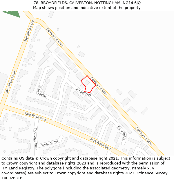 78, BROADFIELDS, CALVERTON, NOTTINGHAM, NG14 6JQ: Location map and indicative extent of plot