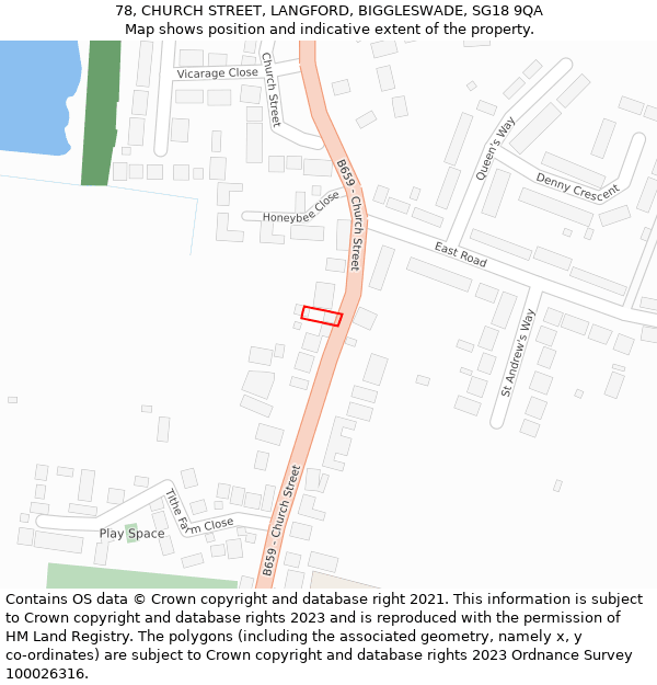 78, CHURCH STREET, LANGFORD, BIGGLESWADE, SG18 9QA: Location map and indicative extent of plot