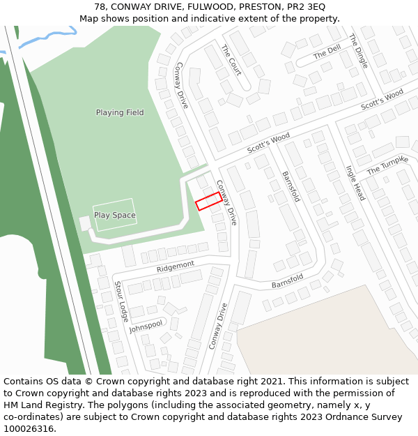 78, CONWAY DRIVE, FULWOOD, PRESTON, PR2 3EQ: Location map and indicative extent of plot