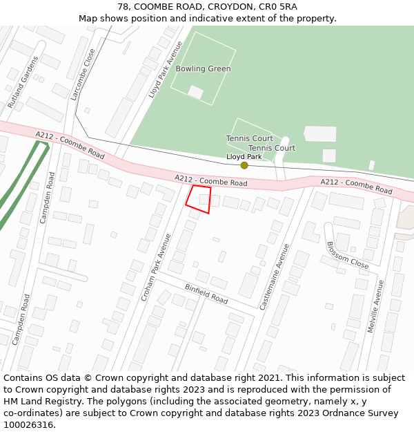 78, COOMBE ROAD, CROYDON, CR0 5RA: Location map and indicative extent of plot