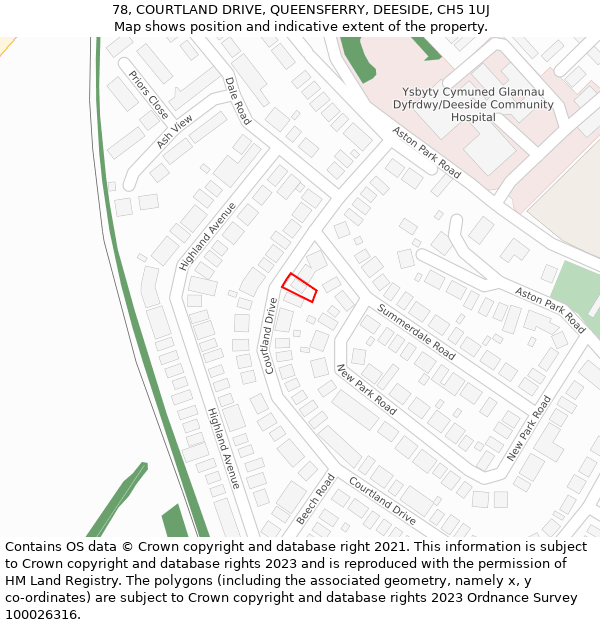 78, COURTLAND DRIVE, QUEENSFERRY, DEESIDE, CH5 1UJ: Location map and indicative extent of plot