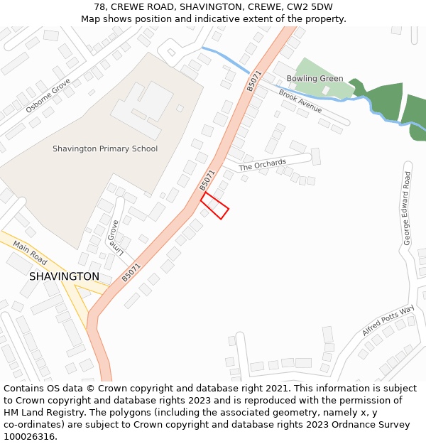 78, CREWE ROAD, SHAVINGTON, CREWE, CW2 5DW: Location map and indicative extent of plot