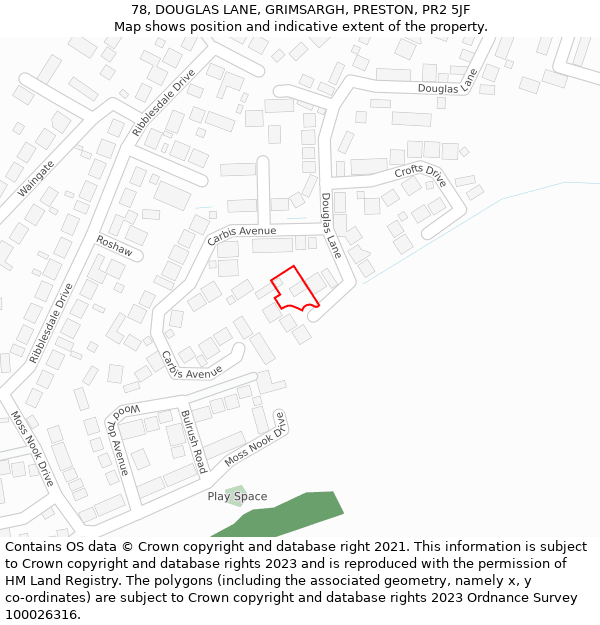 78, DOUGLAS LANE, GRIMSARGH, PRESTON, PR2 5JF: Location map and indicative extent of plot