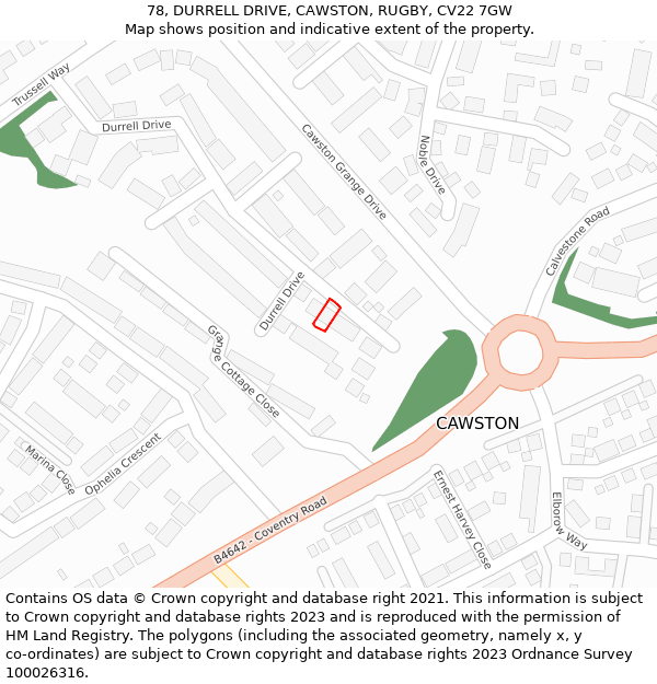 78, DURRELL DRIVE, CAWSTON, RUGBY, CV22 7GW: Location map and indicative extent of plot