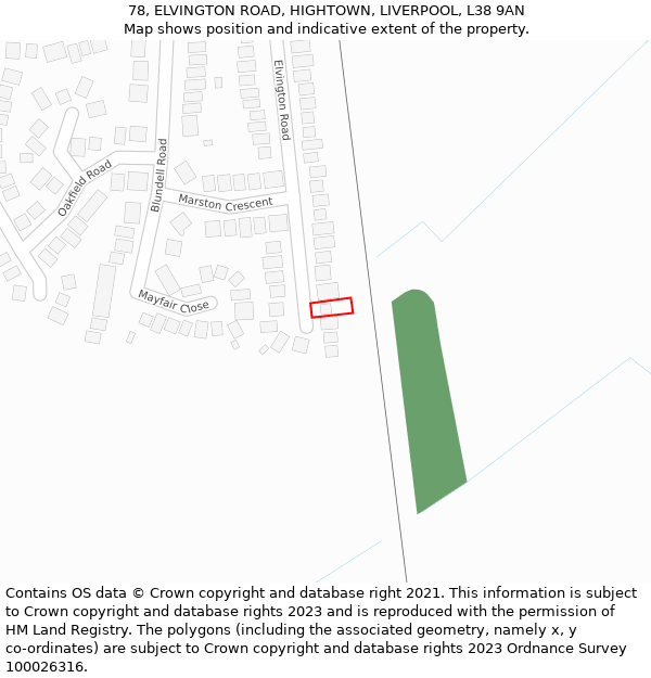 78, ELVINGTON ROAD, HIGHTOWN, LIVERPOOL, L38 9AN: Location map and indicative extent of plot