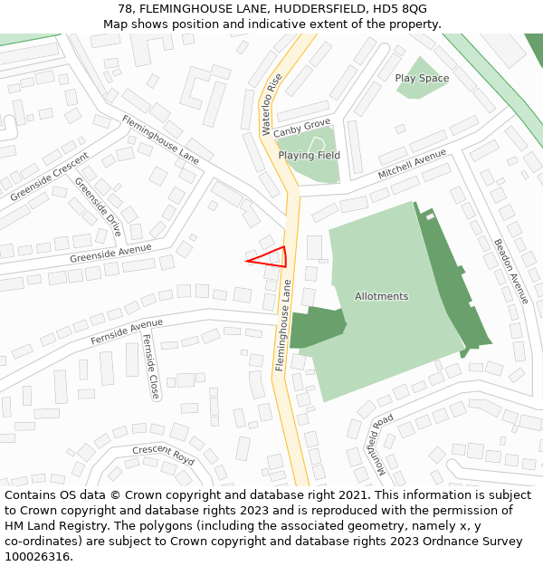 78, FLEMINGHOUSE LANE, HUDDERSFIELD, HD5 8QG: Location map and indicative extent of plot