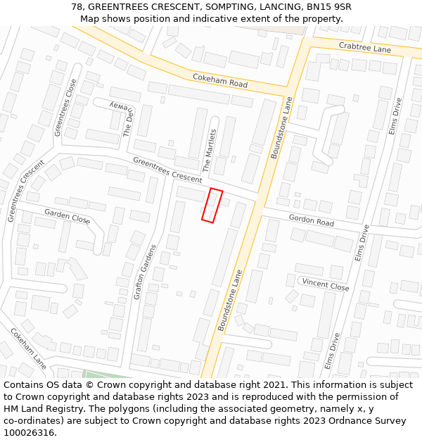 78, GREENTREES CRESCENT, SOMPTING, LANCING, BN15 9SR: Location map and indicative extent of plot