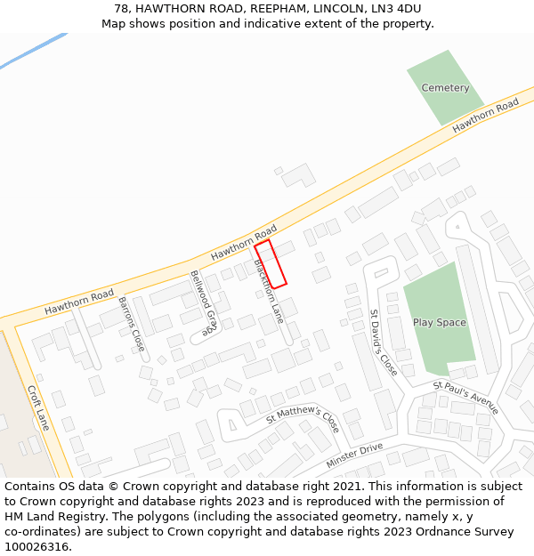 78, HAWTHORN ROAD, REEPHAM, LINCOLN, LN3 4DU: Location map and indicative extent of plot