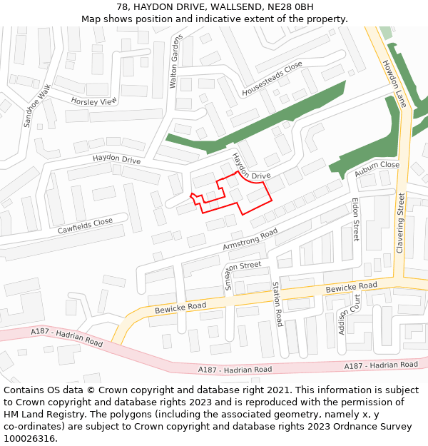 78, HAYDON DRIVE, WALLSEND, NE28 0BH: Location map and indicative extent of plot