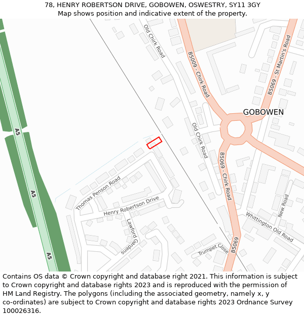 78, HENRY ROBERTSON DRIVE, GOBOWEN, OSWESTRY, SY11 3GY: Location map and indicative extent of plot