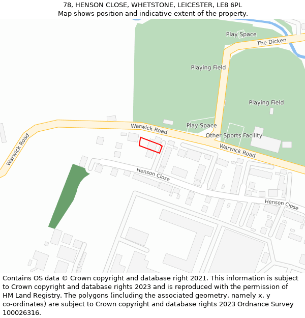 78, HENSON CLOSE, WHETSTONE, LEICESTER, LE8 6PL: Location map and indicative extent of plot