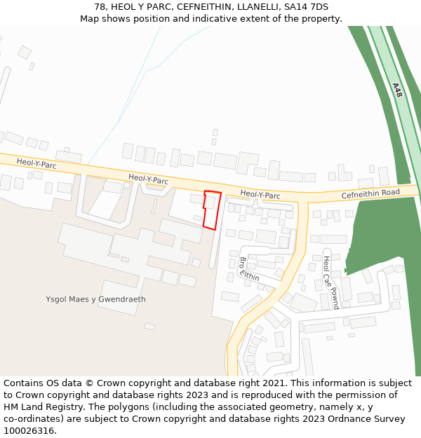 78, HEOL Y PARC, CEFNEITHIN, LLANELLI, SA14 7DS: Location map and indicative extent of plot