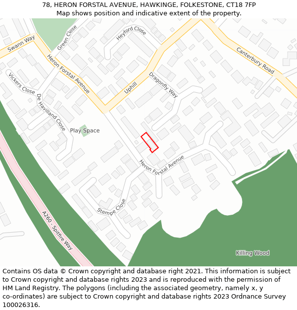 78, HERON FORSTAL AVENUE, HAWKINGE, FOLKESTONE, CT18 7FP: Location map and indicative extent of plot