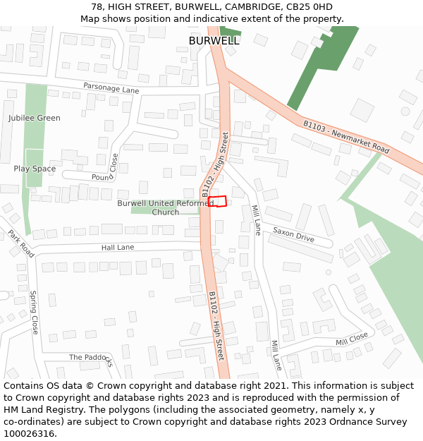 78, HIGH STREET, BURWELL, CAMBRIDGE, CB25 0HD: Location map and indicative extent of plot