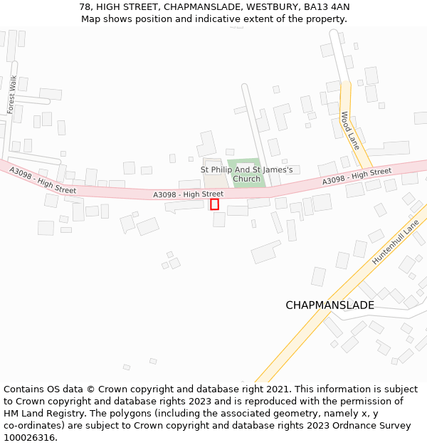 78, HIGH STREET, CHAPMANSLADE, WESTBURY, BA13 4AN: Location map and indicative extent of plot