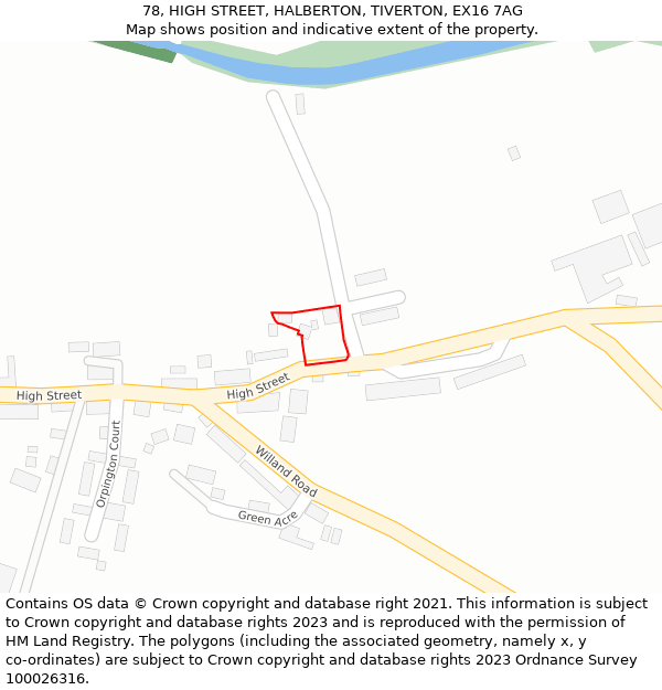 78, HIGH STREET, HALBERTON, TIVERTON, EX16 7AG: Location map and indicative extent of plot