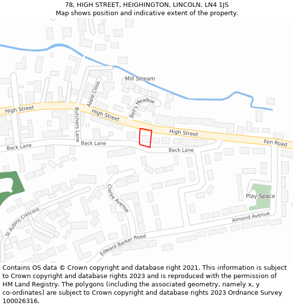 78, HIGH STREET, HEIGHINGTON, LINCOLN, LN4 1JS: Location map and indicative extent of plot
