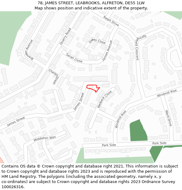 78, JAMES STREET, LEABROOKS, ALFRETON, DE55 1LW: Location map and indicative extent of plot