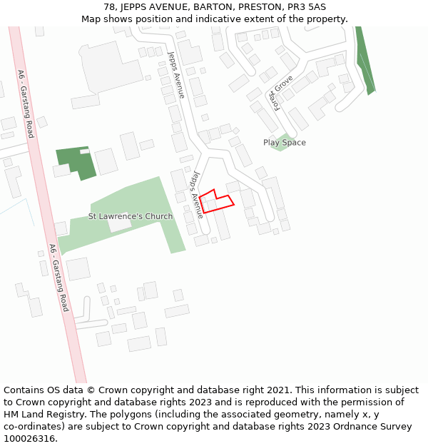 78, JEPPS AVENUE, BARTON, PRESTON, PR3 5AS: Location map and indicative extent of plot