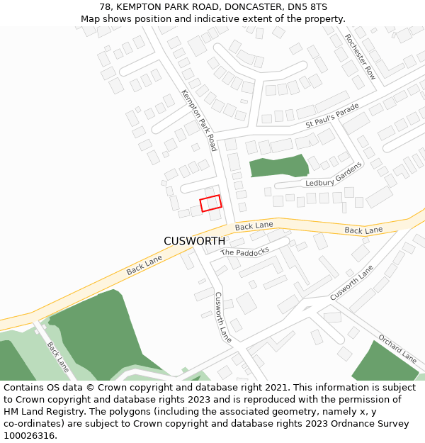 78, KEMPTON PARK ROAD, DONCASTER, DN5 8TS: Location map and indicative extent of plot