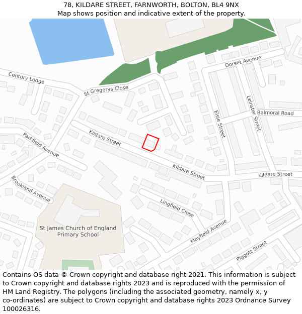 78, KILDARE STREET, FARNWORTH, BOLTON, BL4 9NX: Location map and indicative extent of plot