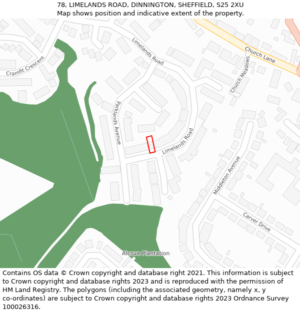 78, LIMELANDS ROAD, DINNINGTON, SHEFFIELD, S25 2XU: Location map and indicative extent of plot