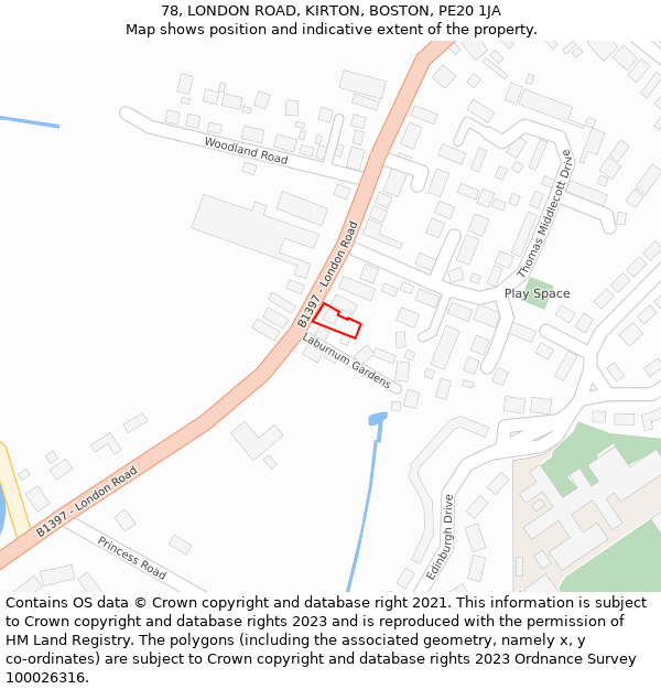 78, LONDON ROAD, KIRTON, BOSTON, PE20 1JA: Location map and indicative extent of plot