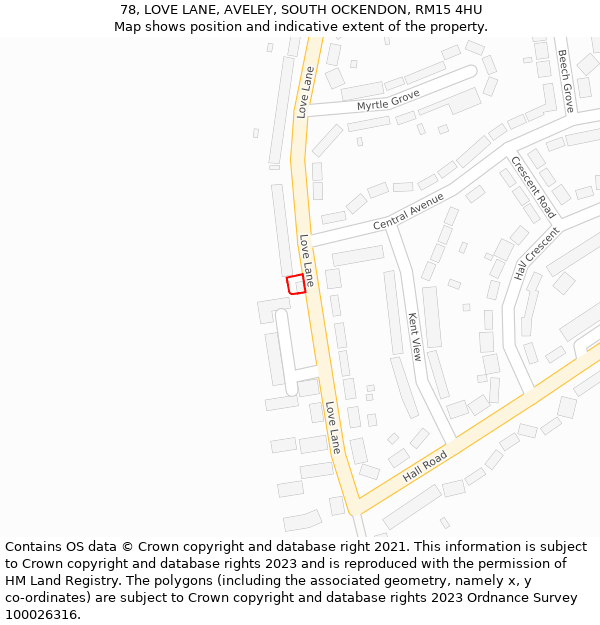 78, LOVE LANE, AVELEY, SOUTH OCKENDON, RM15 4HU: Location map and indicative extent of plot