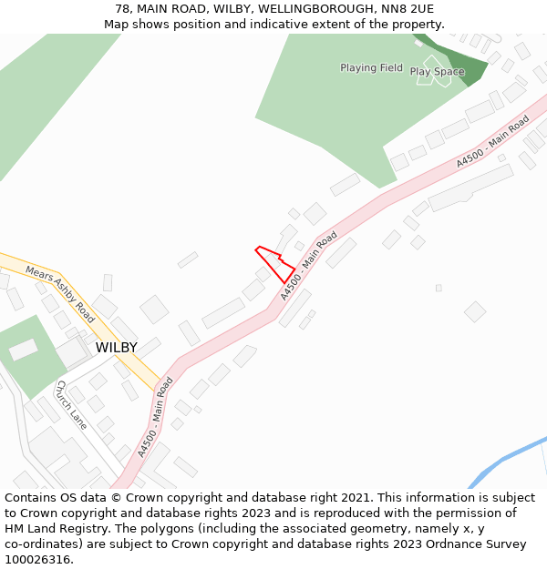78, MAIN ROAD, WILBY, WELLINGBOROUGH, NN8 2UE: Location map and indicative extent of plot