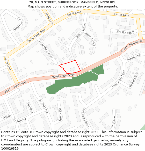 78, MAIN STREET, SHIREBROOK, MANSFIELD, NG20 8DL: Location map and indicative extent of plot