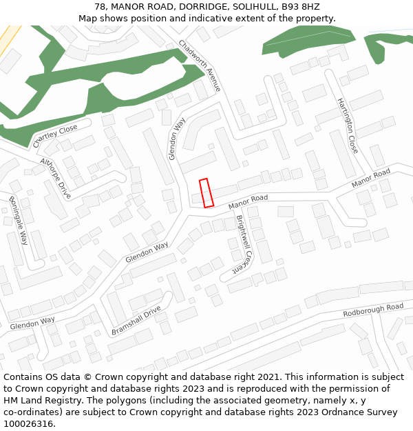 78, MANOR ROAD, DORRIDGE, SOLIHULL, B93 8HZ: Location map and indicative extent of plot